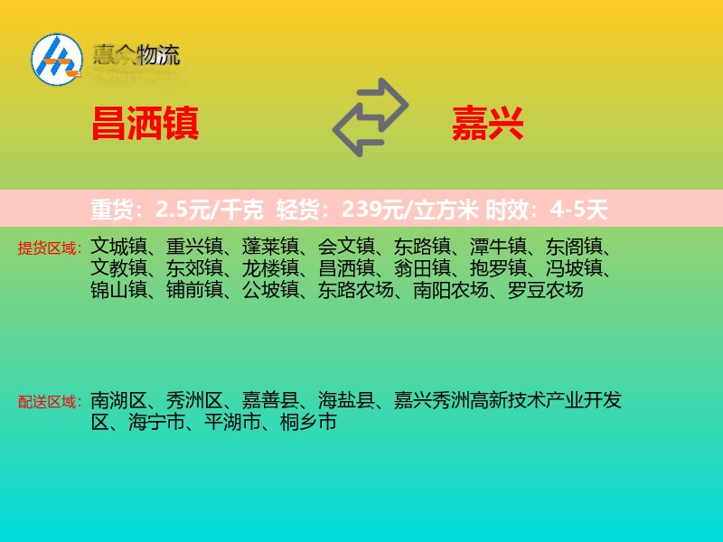 昌洒镇到嘉兴物流专线