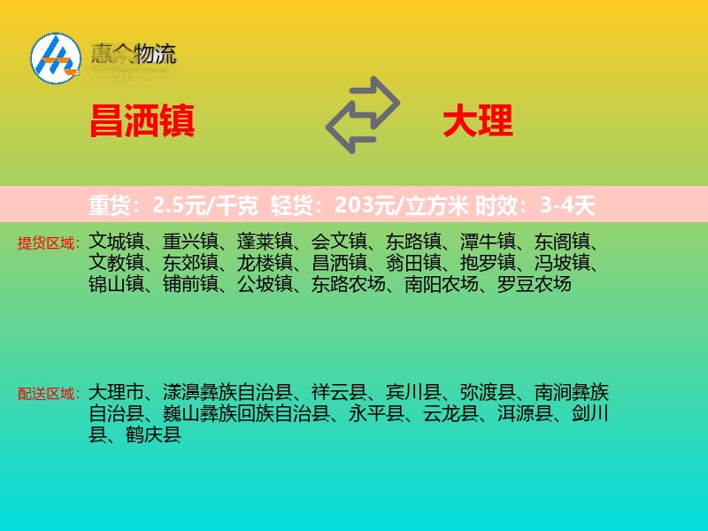 昌洒镇到大理物流专线