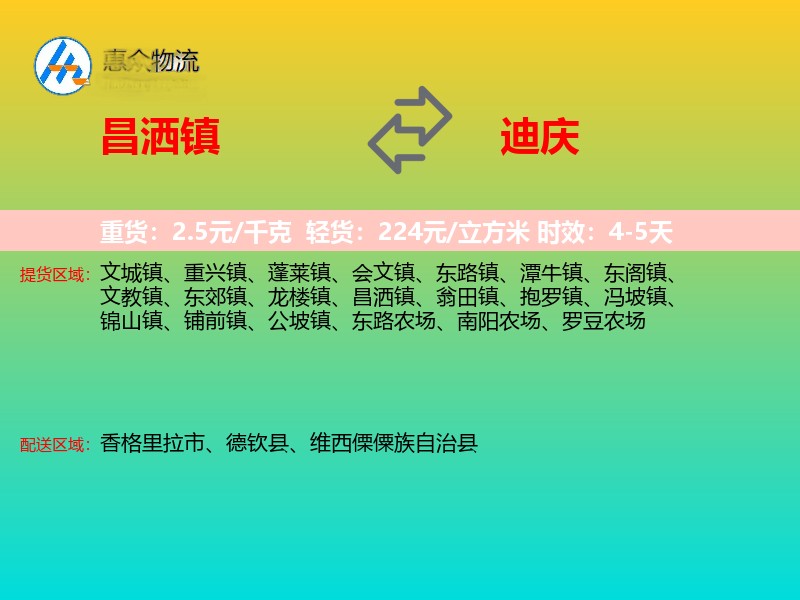 昌洒镇到迪庆物流专线