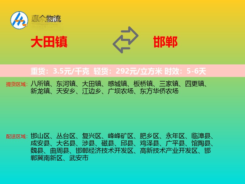 大田镇到邯郸物流专线
