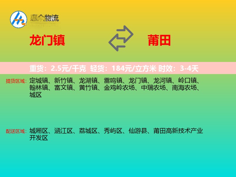 龙门镇到莆田物流专线