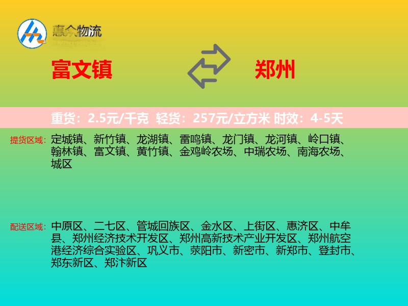 富文镇到郑州物流专线价格时效