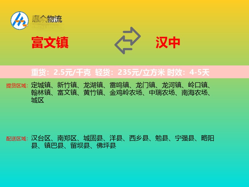 富文镇到汉中物流专线