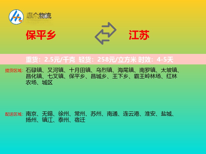 保平乡到江苏物流专线
