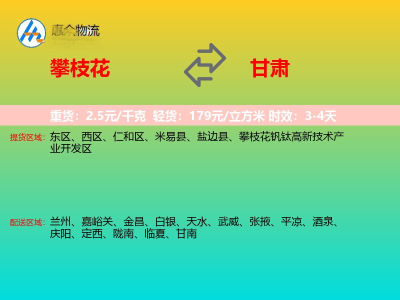 攀枝花到甘肃物流专线
