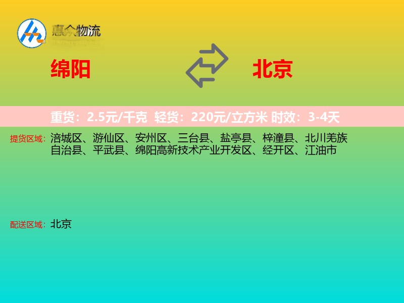 绵阳到北京物流专线