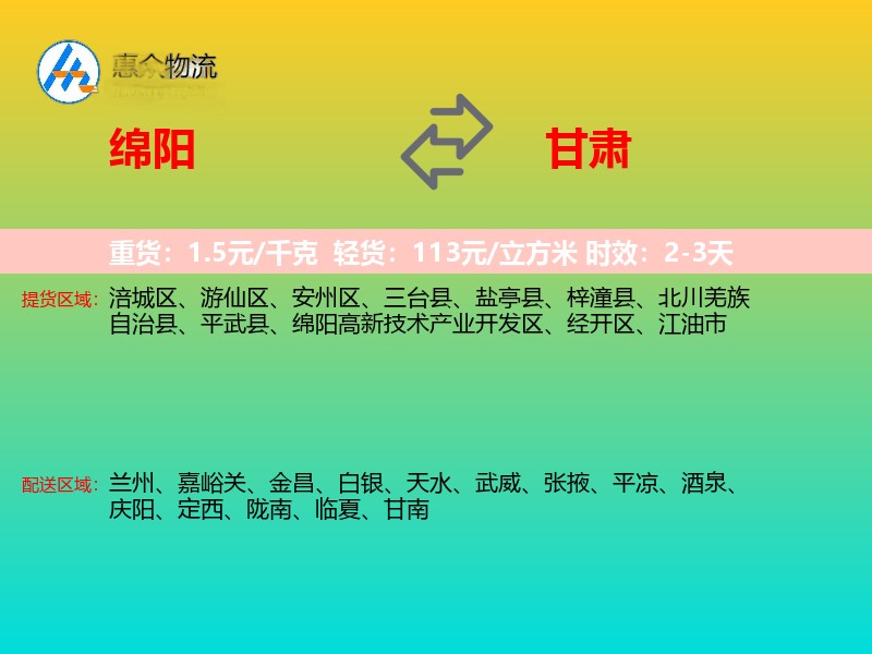 绵阳到甘肃物流专线