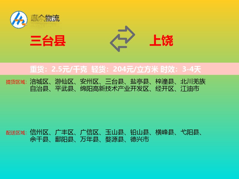 三台县到上饶物流专线价格时效