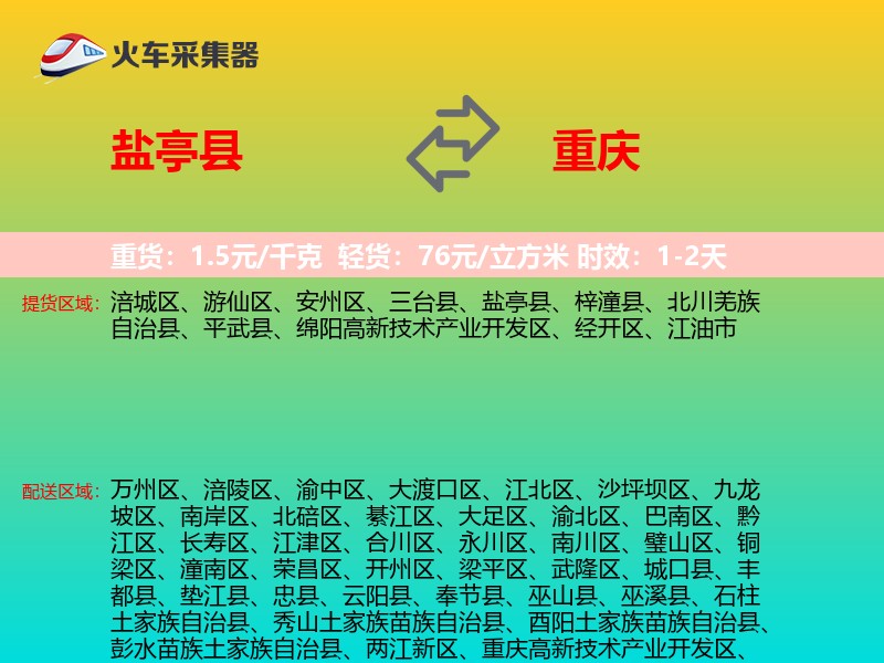 盐亭县到重庆物流专线