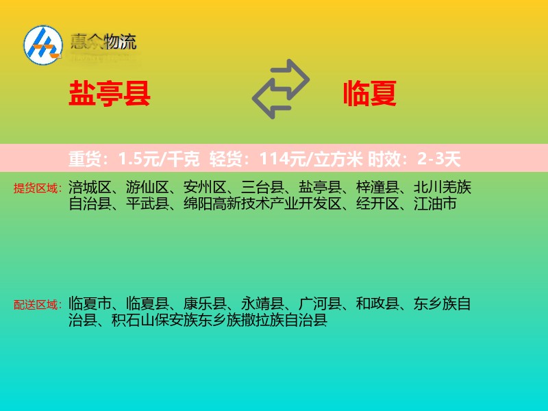 盐亭县到临夏物流专线