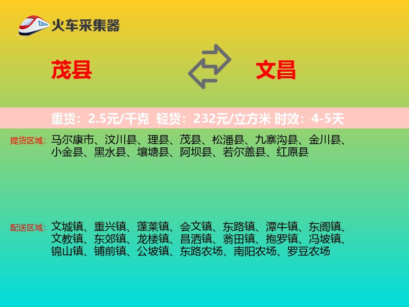 茂县到文昌物流专线