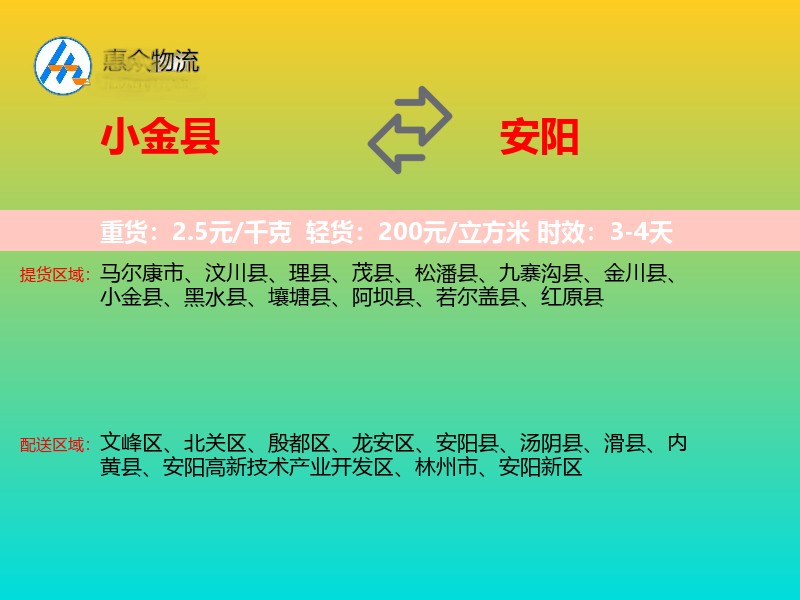 小金县到安阳物流专线