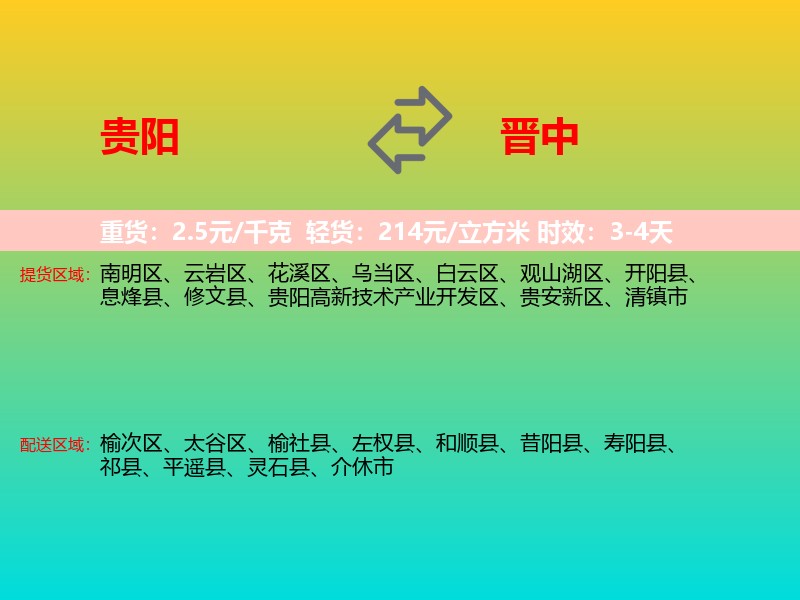 贵阳到晋中物流专线价格时效