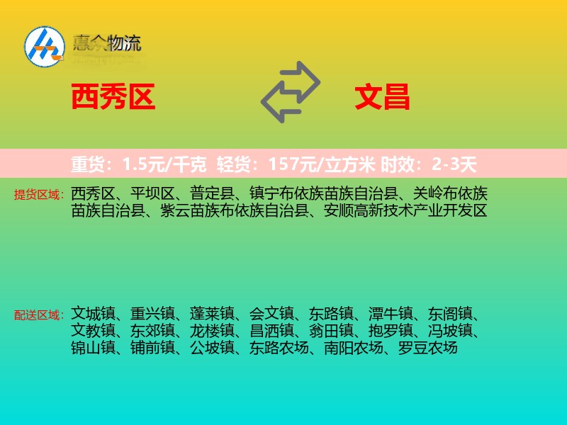 西秀区到文昌物流专线