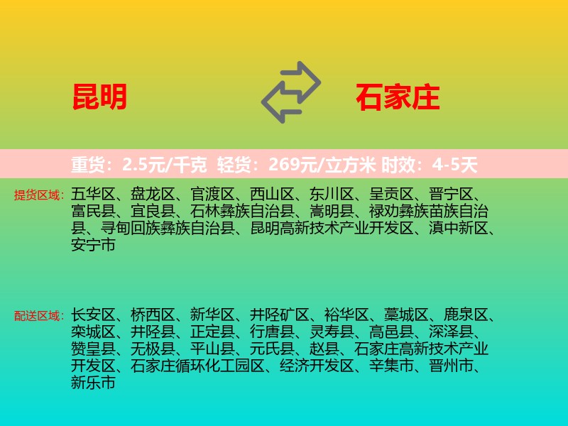 昆明到石家庄物流专线价格时效
