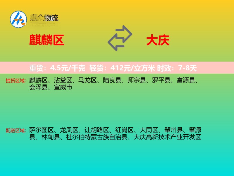 麒麟区到大庆物流专线