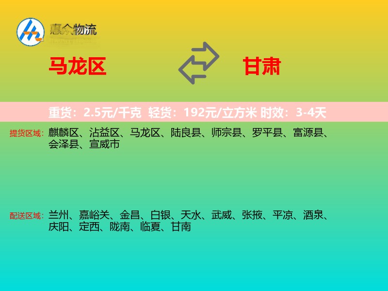 马龙区到甘肃物流专线