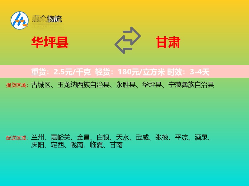 华坪县到甘肃物流专线