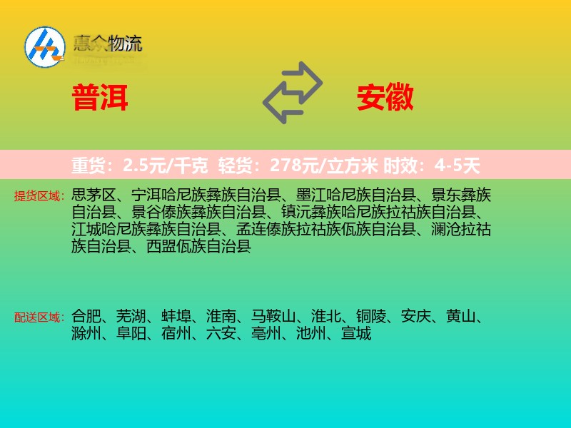 普洱到安徽物流专线