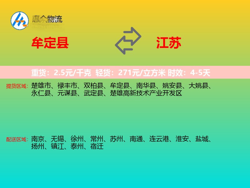 牟定县到江苏物流专线