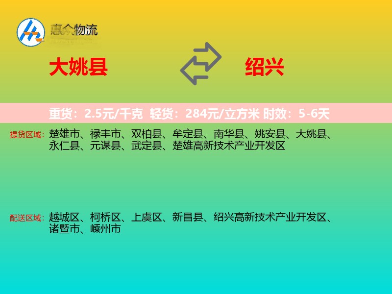 大姚县到绍兴物流专线