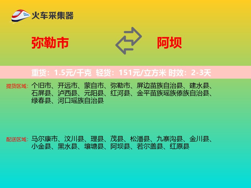 弥勒市到阿坝物流专线