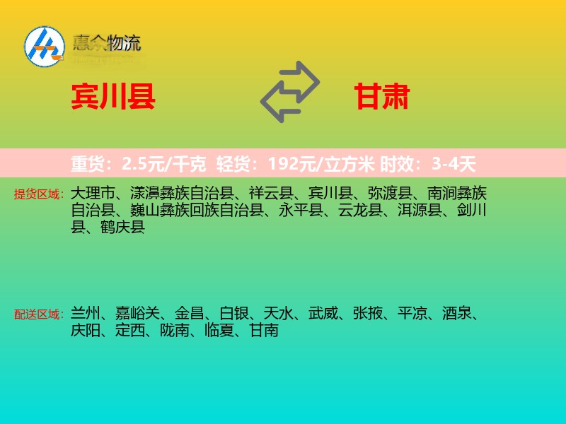 宾川县到甘肃物流专线