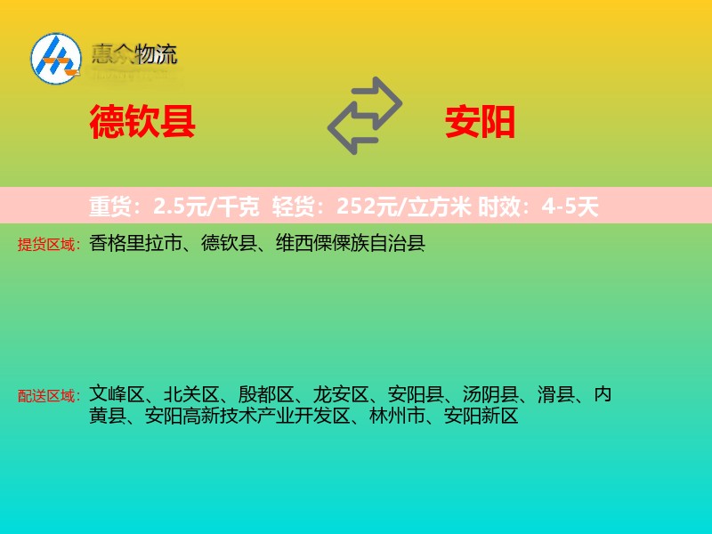 德钦县到安阳物流专线