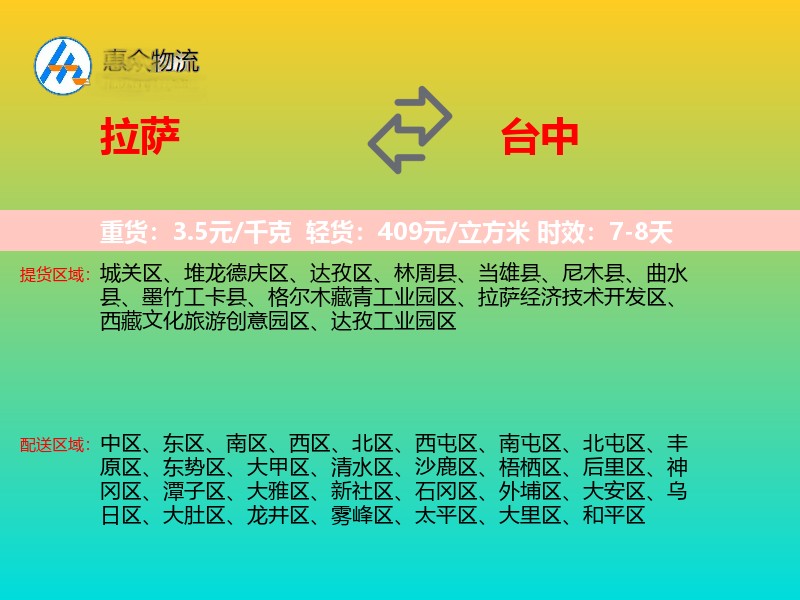 拉萨到台中物流专线价格时效