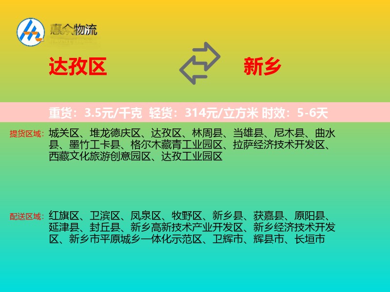 达孜区到新乡物流专线