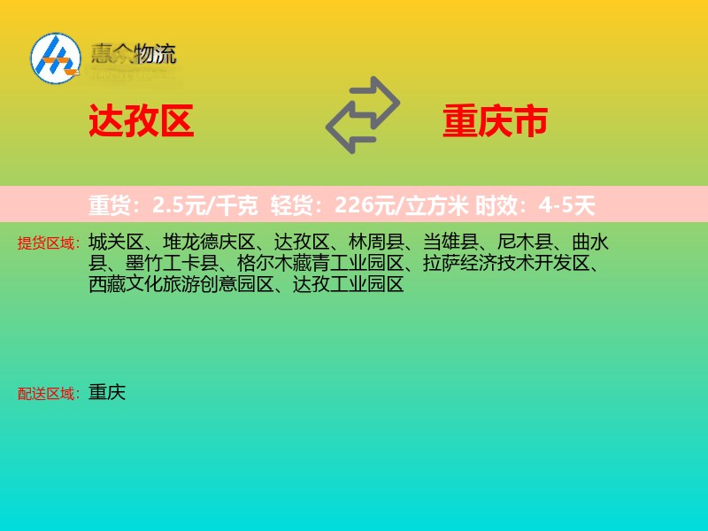 达孜区到重庆市物流专线