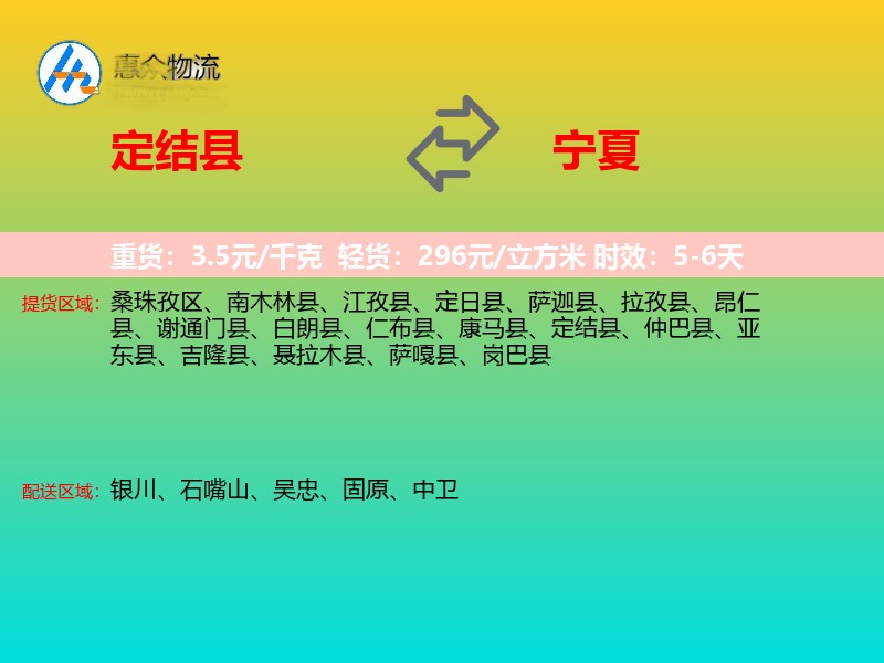 定结县到宁夏物流专线