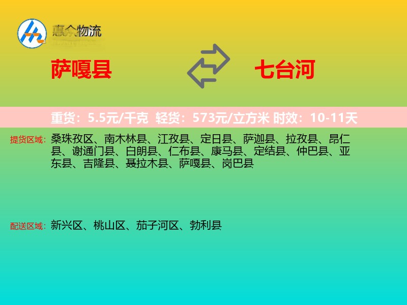 萨嘎县到七台河物流专线