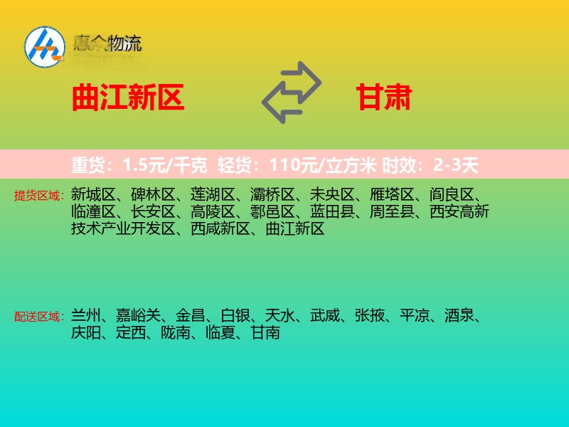 曲江新区到甘肃物流专线