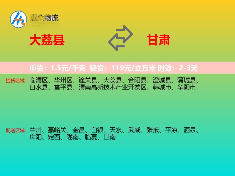 大荔县到甘肃物流专线