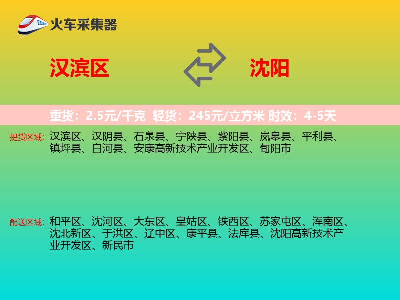 汉滨区到沈阳物流专线