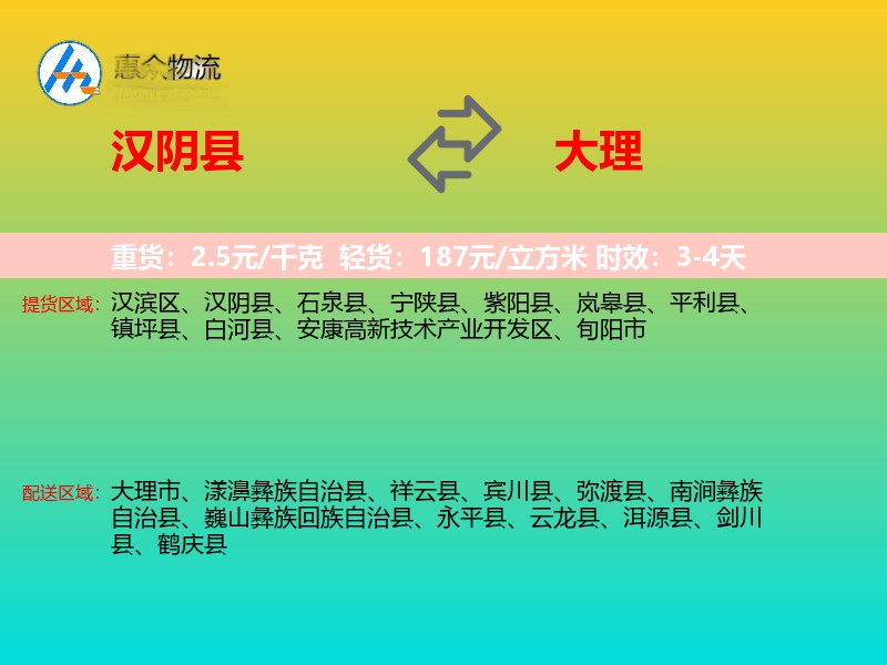 汉阴县到大理物流专线