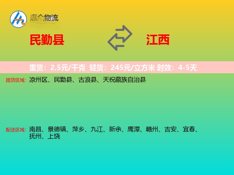民勤县到江西物流专线