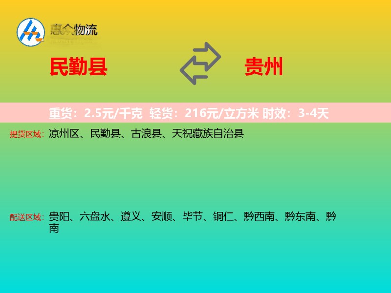 民勤县到贵州物流专线