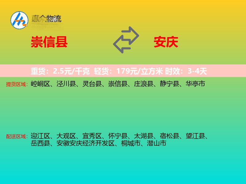 崇信县到安庆物流专线