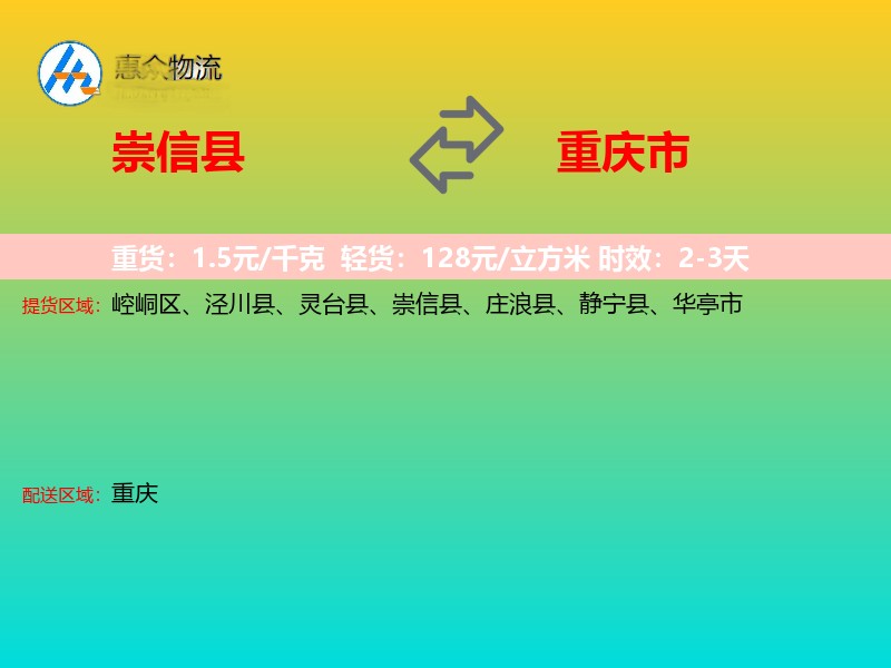崇信县到重庆市长途搬家