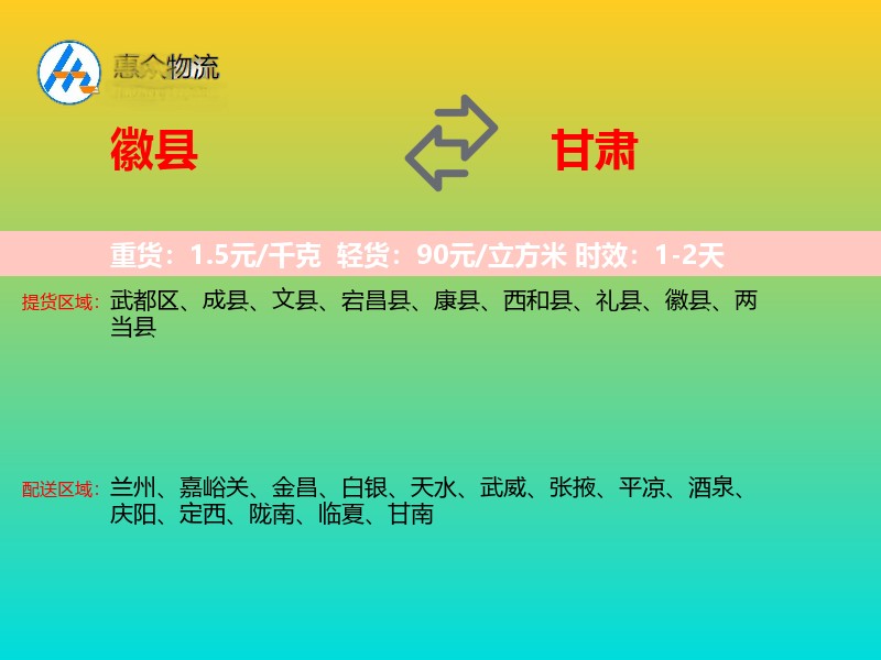 徽县到甘肃物流专线