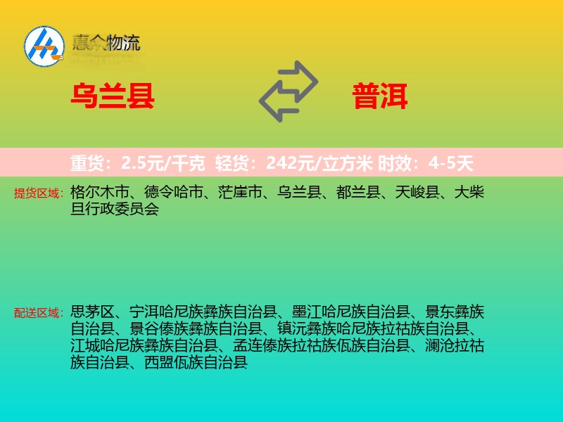 乌兰县到普洱物流专线