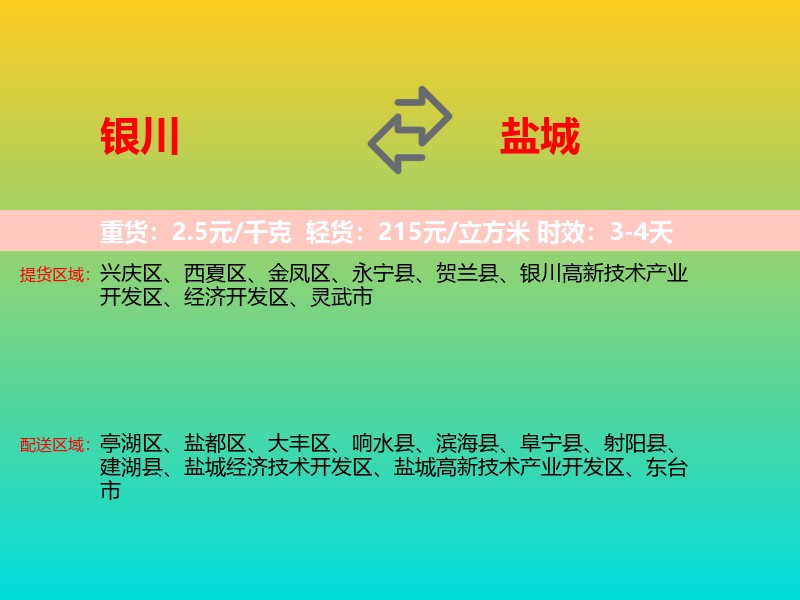 银川到盐城物流专线价格时效