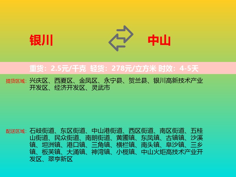 银川到中山物流专线价格时效