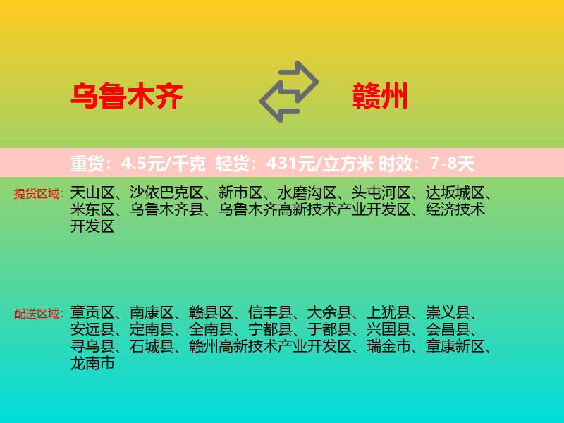 乌鲁木齐到赣州物流专线价格时效