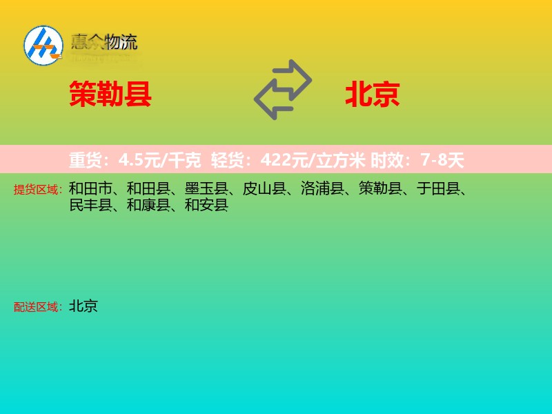 策勒县到北京物流专线