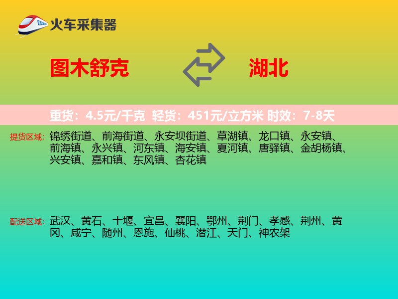图木舒克到湖北物流专线