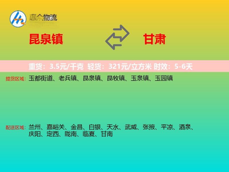 昆泉镇到甘肃物流专线