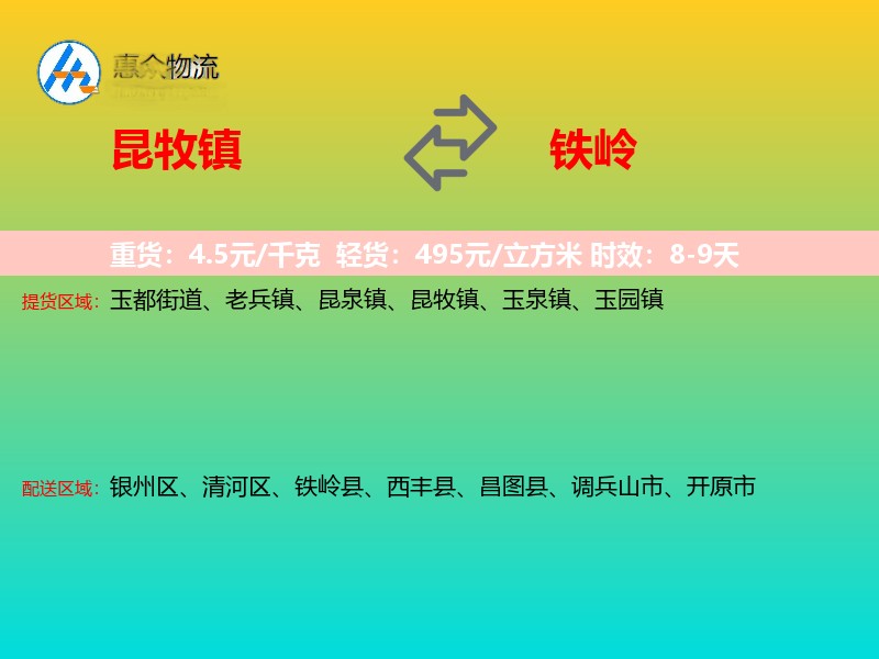 昆牧镇到铁岭物流专线